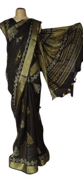Linen Hand Block Printed Saree SILK ZONE